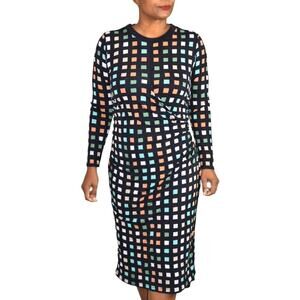 Hugo Boss Esetta Dress Blue Ruched Checkerboard Geometric Multicolor Size Medium